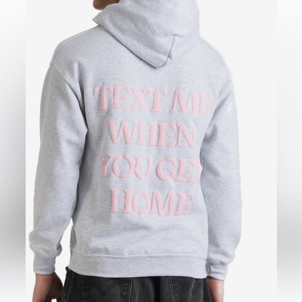 LONELY GHOST Light Gray Hoodie with Pink Text "TEXT ME WHEN YOU GET HOME"